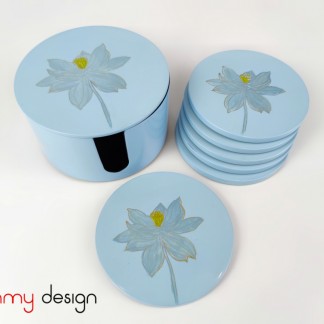 Set of  6 blue round coasters engraved lotus included with box 